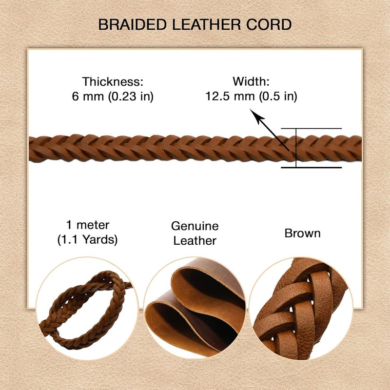 Aezzo Flat Braided Genuine Leather Cord (12.5x6 mm) - 1.1 Yard Real Leather String for Making Bracelets, Jewelry, Belt and DIY Projects - Handmade 5 Ply Braided Leather Straps (Brown) - Image 2